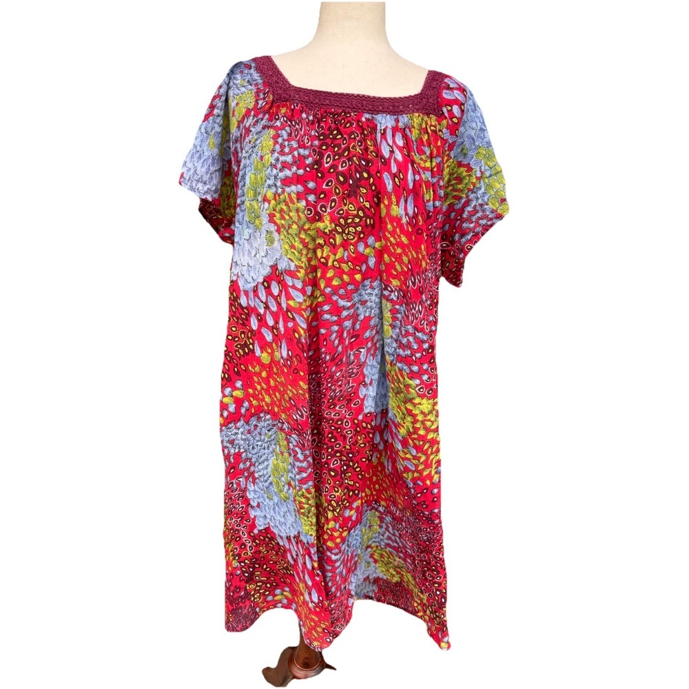 VTG Mumu House Dress Indian Cotton Gauze Pink Crochet Patio Kaftan Large XL